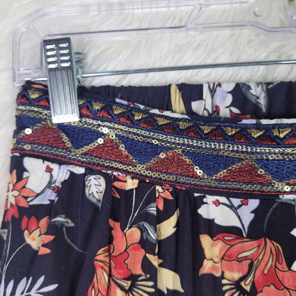 Jaase Floral Wide Leg Palazzo Pants Navy Orange Boho Sequin Waist Small Festival - Picture 3 of 9